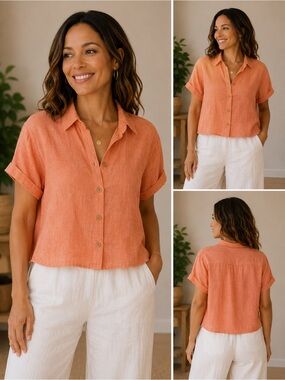 Tahari Women's  100% Linen Boxy Short Sleeve Button Down Salmon  Size L